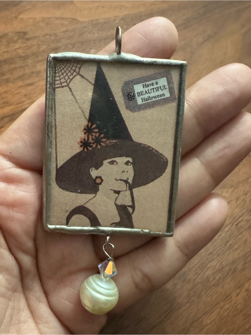 Audrey Hepburn Halloween Witch Double Sided Glass Silvertoned Soldered Pendant